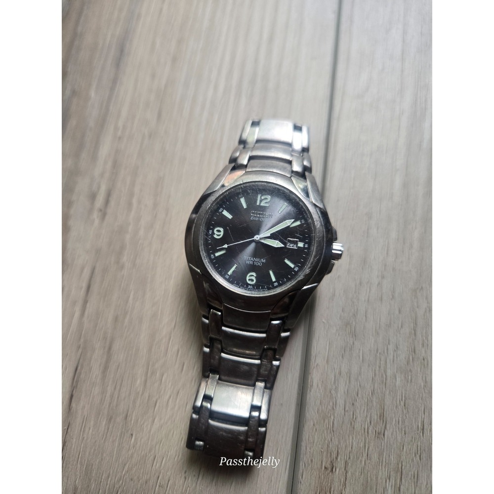 Citizen Watch Mens Eco-Drive Titanium WR100 Black Dial Date Bracelet Field Watch